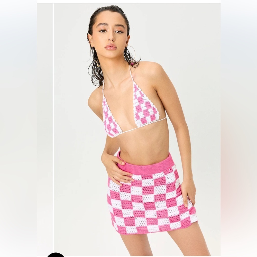 Frankies Bikinis Jasper Crochet Skirt In Pink Checker Size Small - Picture 9 of 10